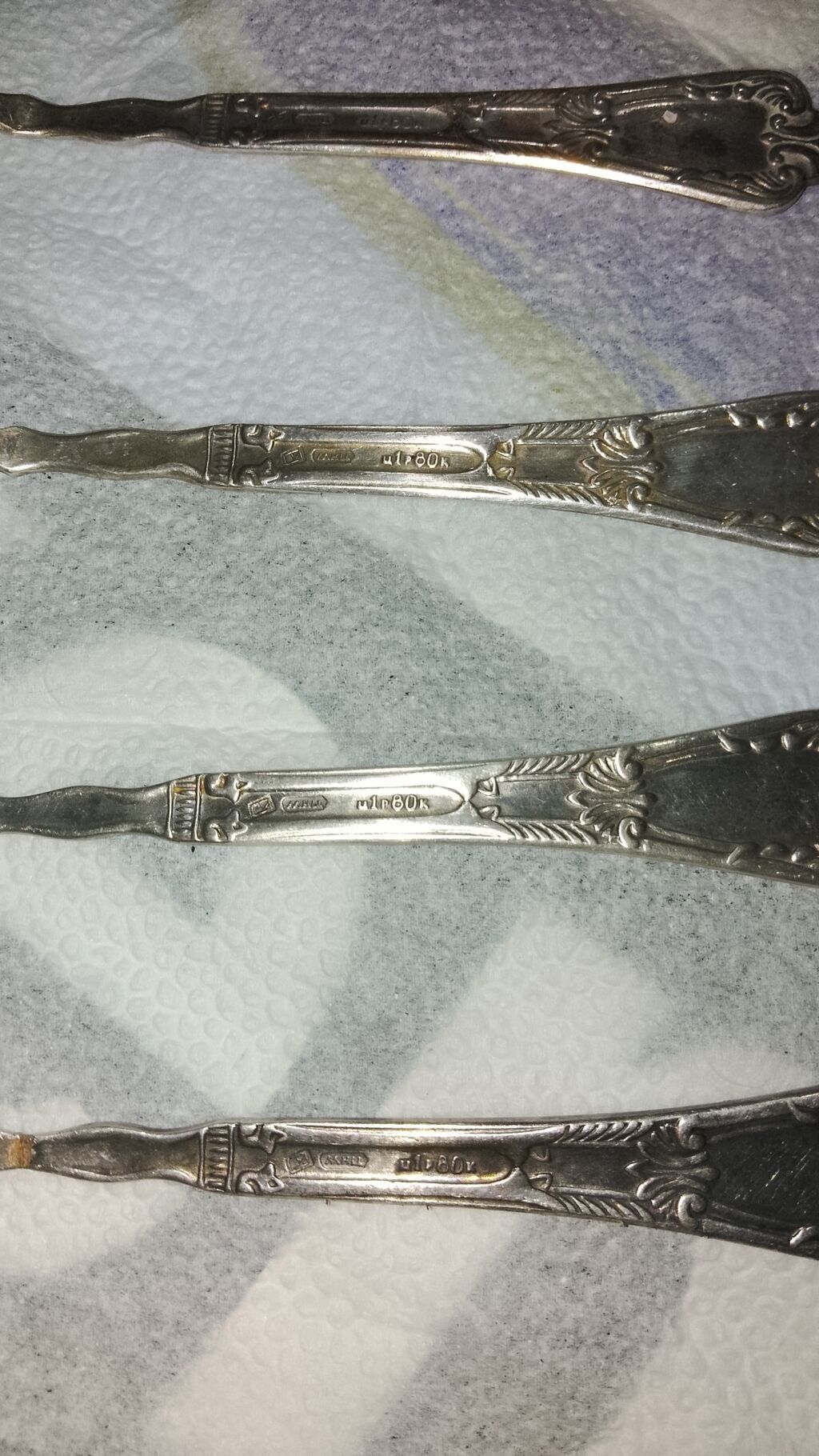 Antik çay qaşıqları dəsti – 6 ədəd - Material: melxior (nişan: МНЦ — Qaşıq, çəngəl, bıçaq, Bakı