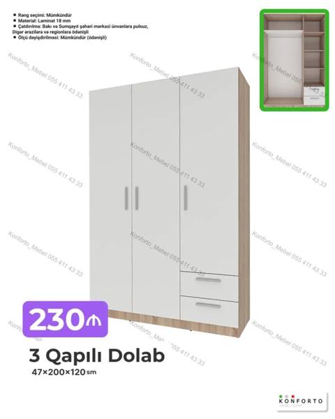 3 qapılı paltar dolabı Ölçü: 47 200 120 sm Material: 18 mm — Şkaflar