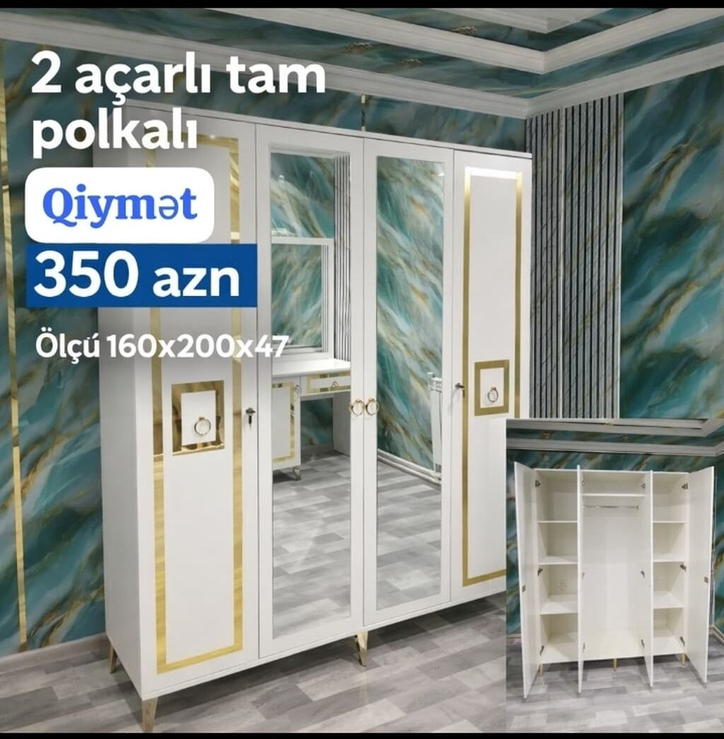 2 açarlı tam polkalı dolab. Ağ rəngli, qızılı dekor xətləri ilə zərif — Şkaflar, Digah