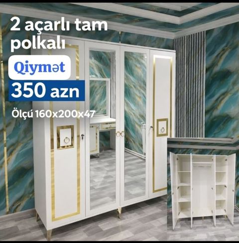 2 açarlı tam polkalı dolab. Ağ rəngli, qızılı dekor xətləri ilə zərif — Digah