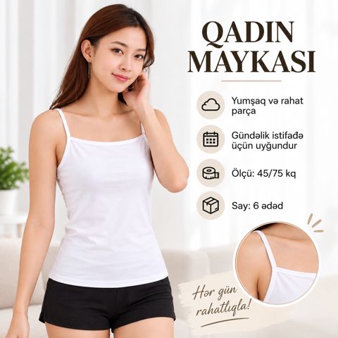 Qadın üçün mayka, pambıq, ağ, 6 əd,ölçü One size — Bakı
