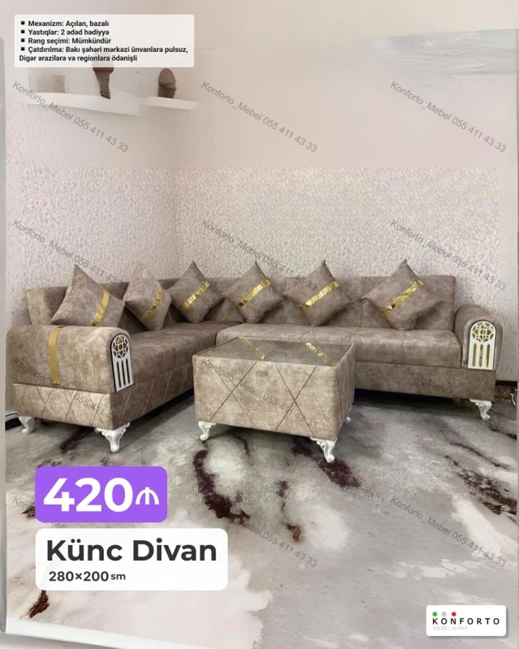 Künc divan – 280×200 sm ölçü Qiymət: 420 Xüsusiyyətlər — Divanlər, Bakı
