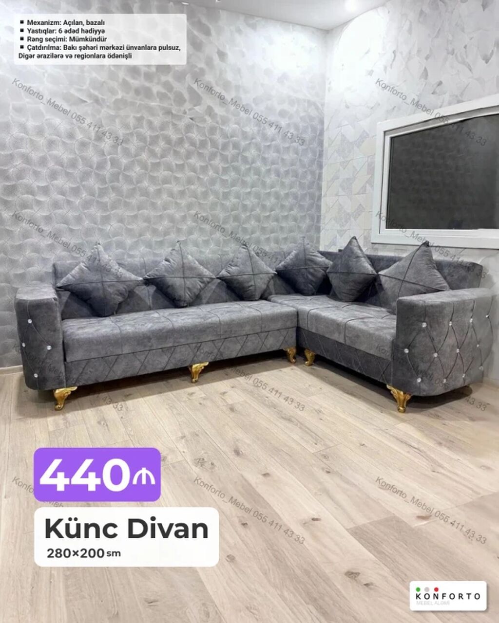 Künc Divan – 280×200 sm Mexanizm: açılan, bazalı (yataq funksiyası — Divanlər, Bakı