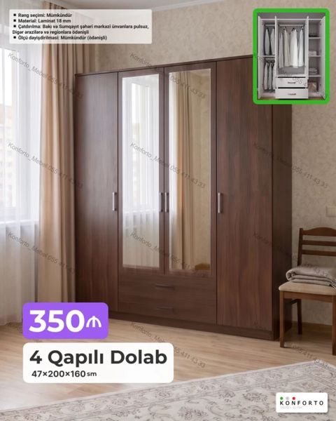 4 qapılı geyim dolabı – 47×200×160 sm - Material: 18 mm laminat — Bakı