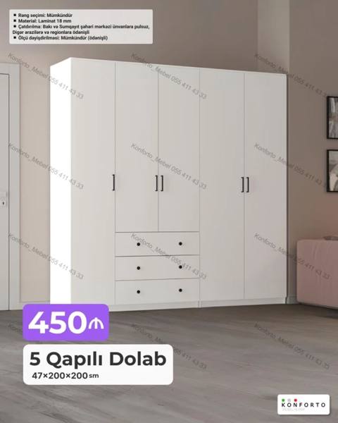 5 qapılı dolab – 47×200×200 sm Material: 18 mm laminat Rəng — Şkaflar