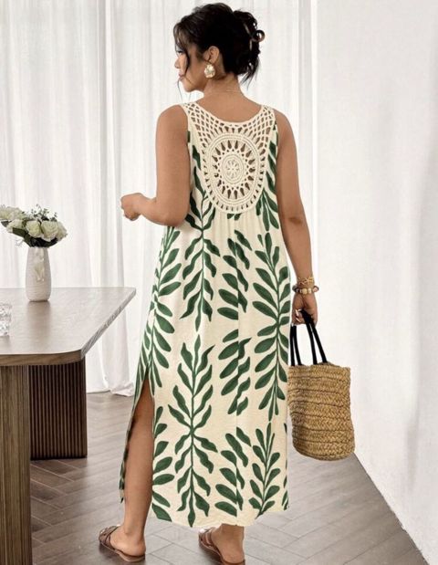 Yarpaq naxışlı maxi yay donu - Model: qolçinsiz, V-yaxa, düz kəsim — Bakı