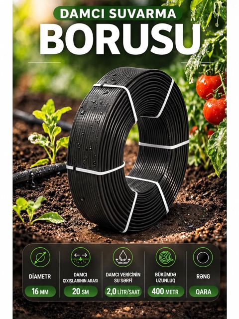 Damcı suvarma borusu STF 16 mm 20 sm 2,0 litr/saat 400 m Qara — Bakı