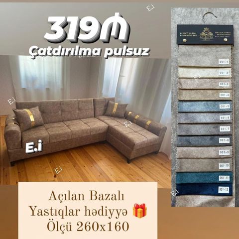 Künc divan – açılan, bazalı model. - Ölçü: 260x160 sm - Yastıqlar — Bakı