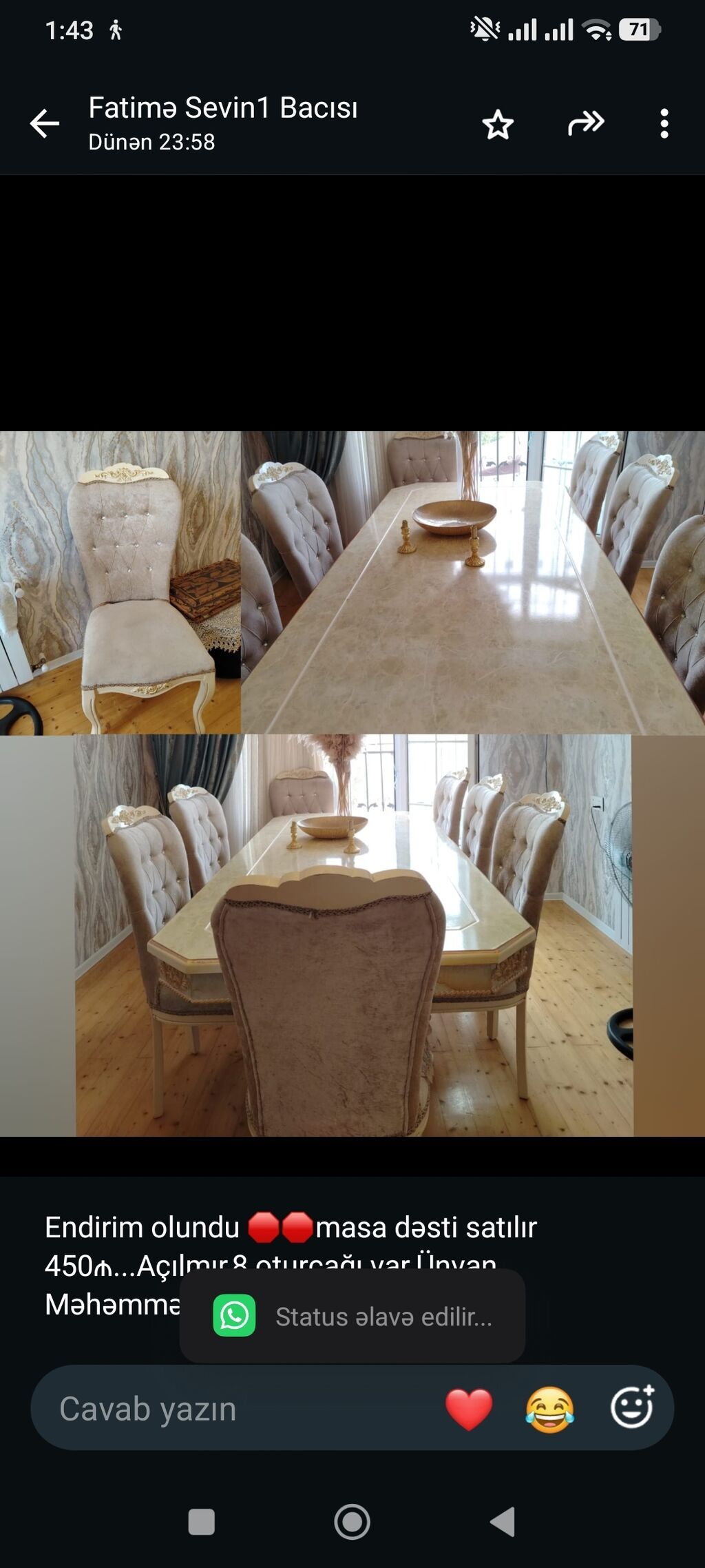 Endirim olundu masa dəsti satılır 450₼. Açılmır,8 oturcağı — Masalar və stullar, Bakı