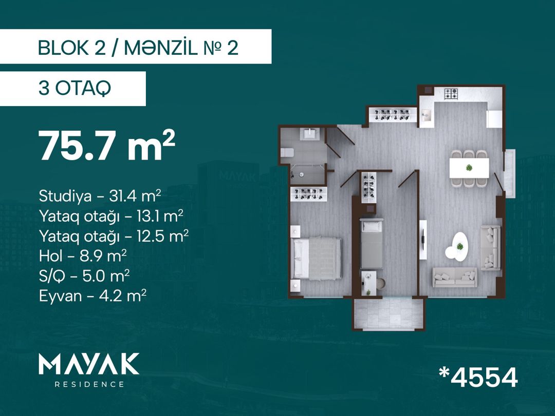 Satılır 3 otaqlı yeni tikili 75.7 m² — Mənzil, Bakı (2)