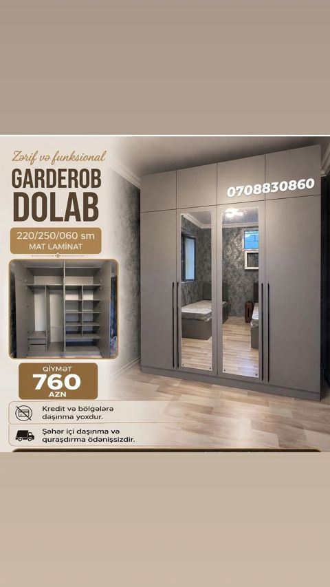Zərif və funksional garderob dolabı - Material: mat laminat — Sumqayıt
