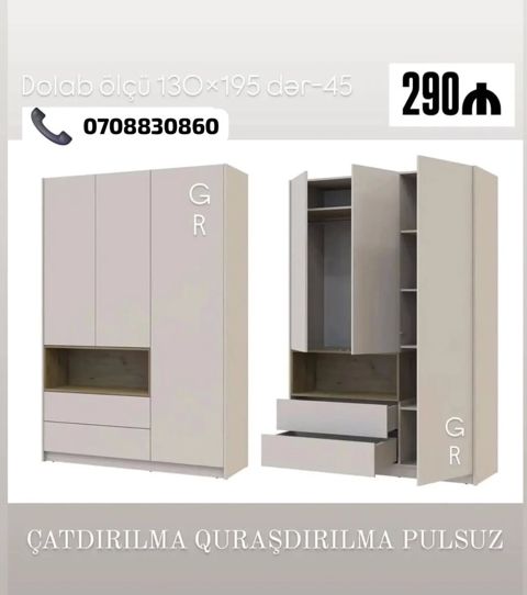 Üç qapılı, rəf və çekmecəli geyim dolabı. Ölçü: 130 195 sm, dərinlik — Sumqayıt