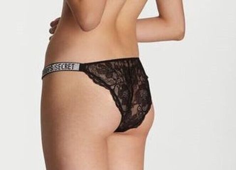 Tikişsiz tuman Victorias Secret Black Floral Lace Logo Bling Straps Bikini Panties, ölçü M — Bakı