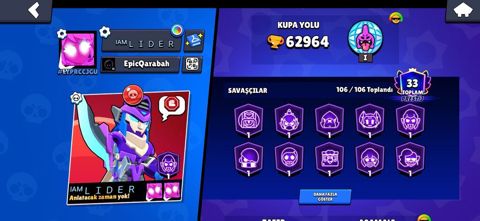 Brawl Stars oyunu üçün yüksək səviyyəli hesab - Kupa yolu: 62,964 — Bakı