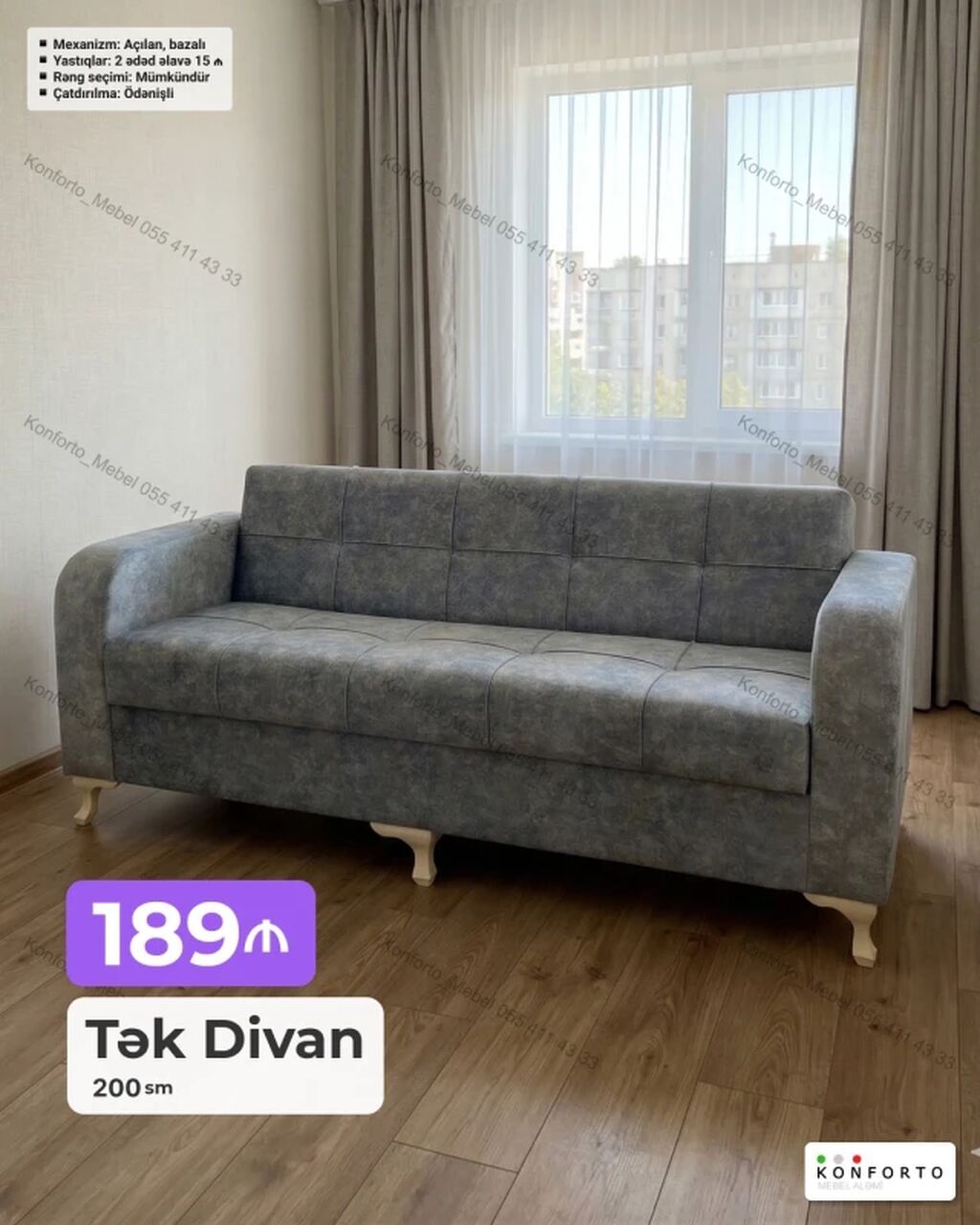 Tək Divan – 200 sm Mexanizm: Açılan, bazalı (yataq funksiyası və — Divanlər, Bakı