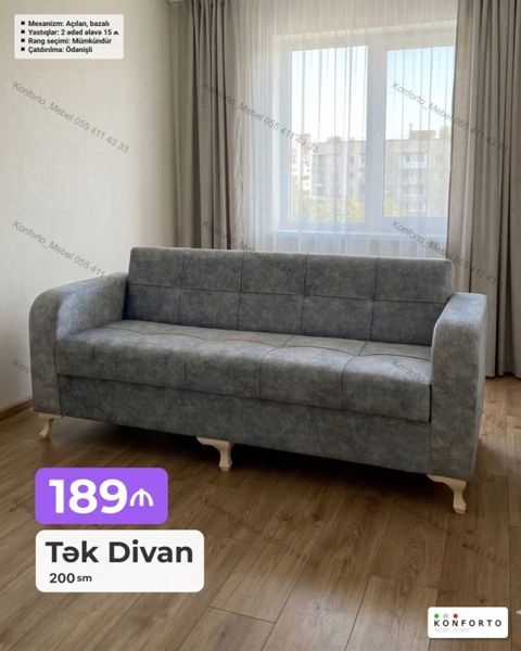 Tək Divan – 200 sm Mexanizm: Açılan, bazalı (yataq funksiyası və — Bakı