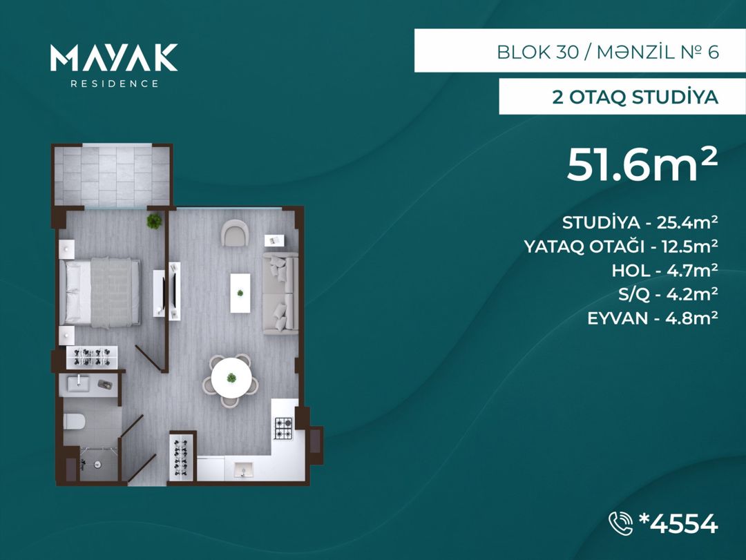 Satılır 2 otaqlı yeni tikili 51.6 m² — Mənzil, Bakı (2)