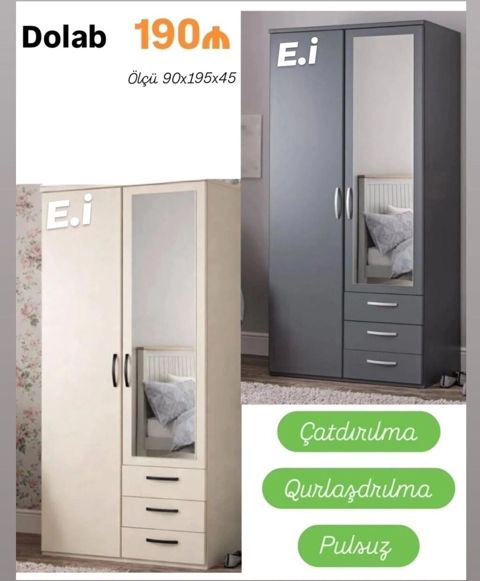 İkiqapılı dolab - Ölçü: 90 x 195 x 45 sm - Model: güzgülü qapı, 3 ədəd — Bakı