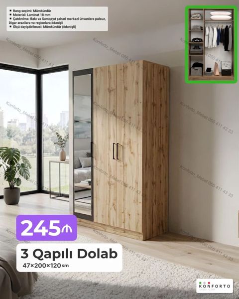 3 qapılı paltar dolabı – 47×200×120 sm - Material: 18 mm laminat — Bakı