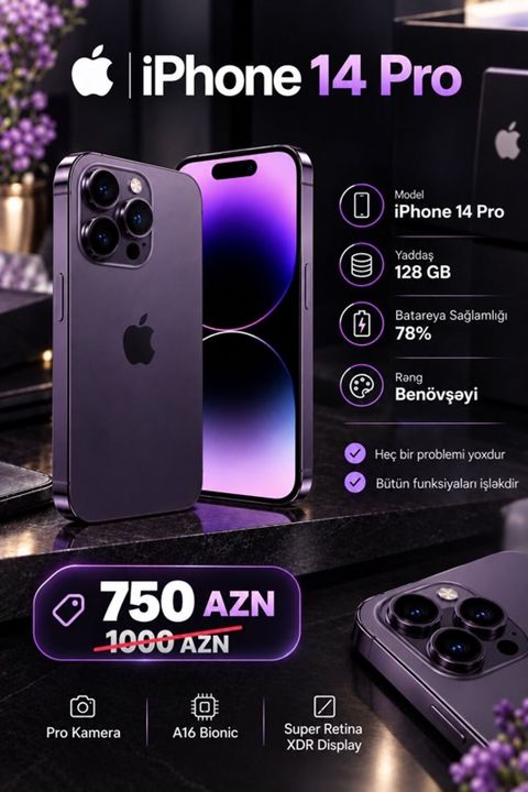IPhone 14 Pro, 128 GB, Deep Purple, Face ID — Bakı