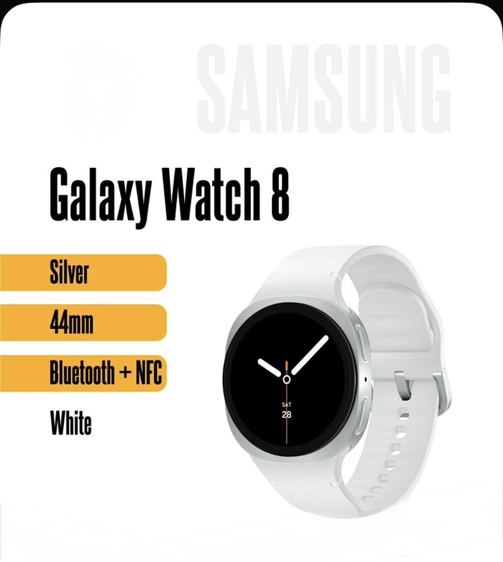 Samsung Galaxy Watch 8 – 44 mm, Silver (Gümüş), White (Ağ) qayış — Ağıllı saatlar, Bakı