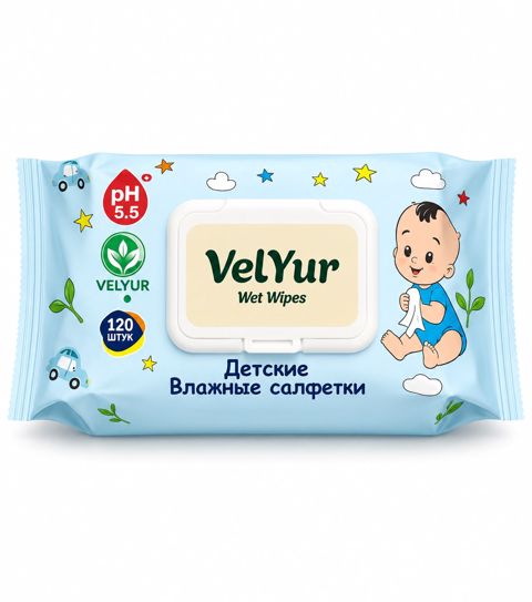 Uşaq nəm salfeti VelYur, Universal 120 əd, Antibakterial, Dezinfeksiyaedici, Universal, Ətirsiz, Hipoallergen, Parabensiz, Qoxusuz, Spirtsiz — Bakı