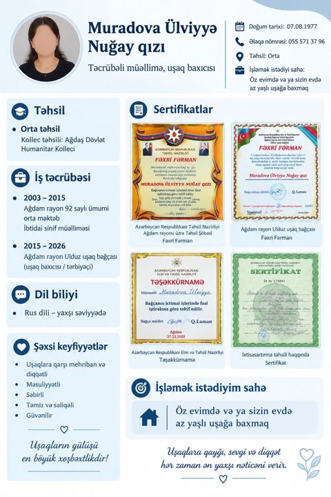 Təhsil: Orta Ağdaş dövlət humanitar kolleci ibtidai sinif — Bakı