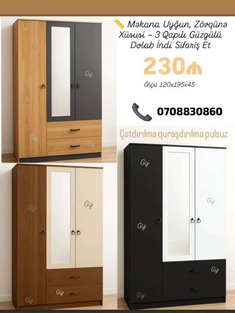 3 qapılı güzgülü paltar dolabı - Ölçü: 120×195×45 sm - Model: 3 qapı — Sumqayıt