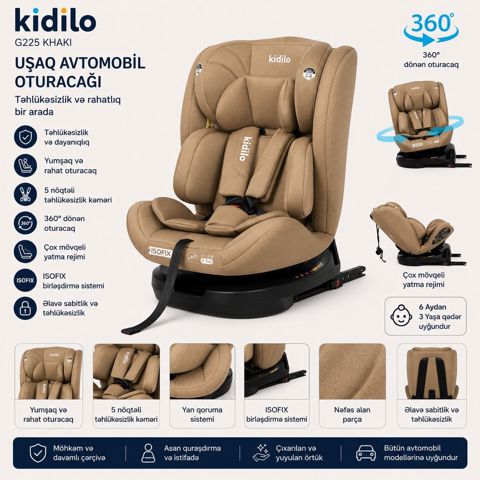 Avtomobil kreslosu Kidilo G225, xaki — Bakı