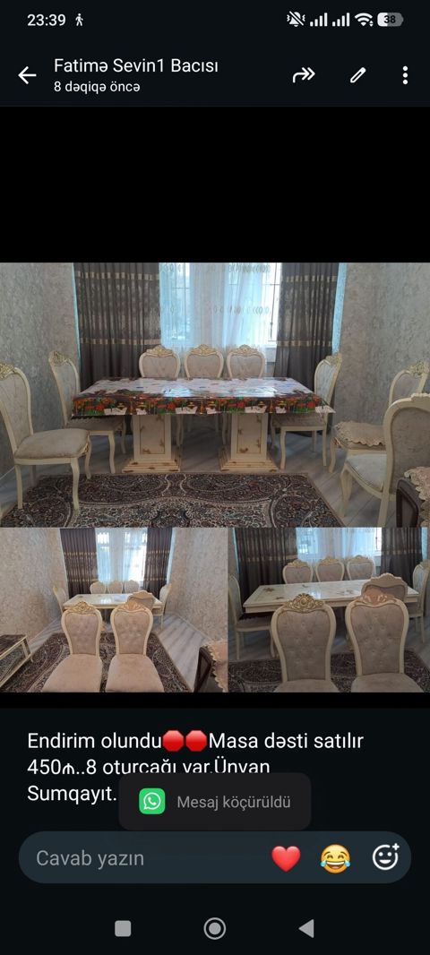 Endirim olundu Masa dəsti satılır 450₼. 8 oturcağı var.Ünvan — Aişə Xanım — Столы и стулья