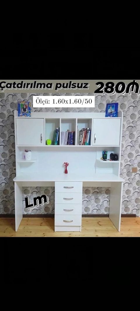 Masaüstü kitab rəfi ilə funksional iş/oxu masası Ölçü: 1.60 x 1.60 — Sumqayıt