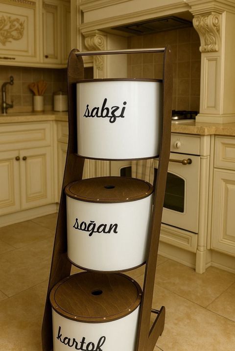 Kartof və soğan qabı nh_40d9v, 3 mərtəbəli, ağ/qəhvəyi, metal/taxta — Bakı