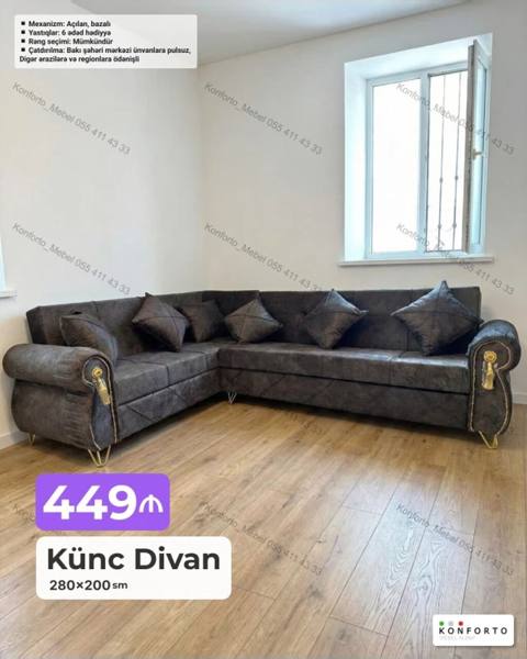 Künc Divan – 280×200 sm - Şık L formalı dizayn, qızılı dekor — Bakı