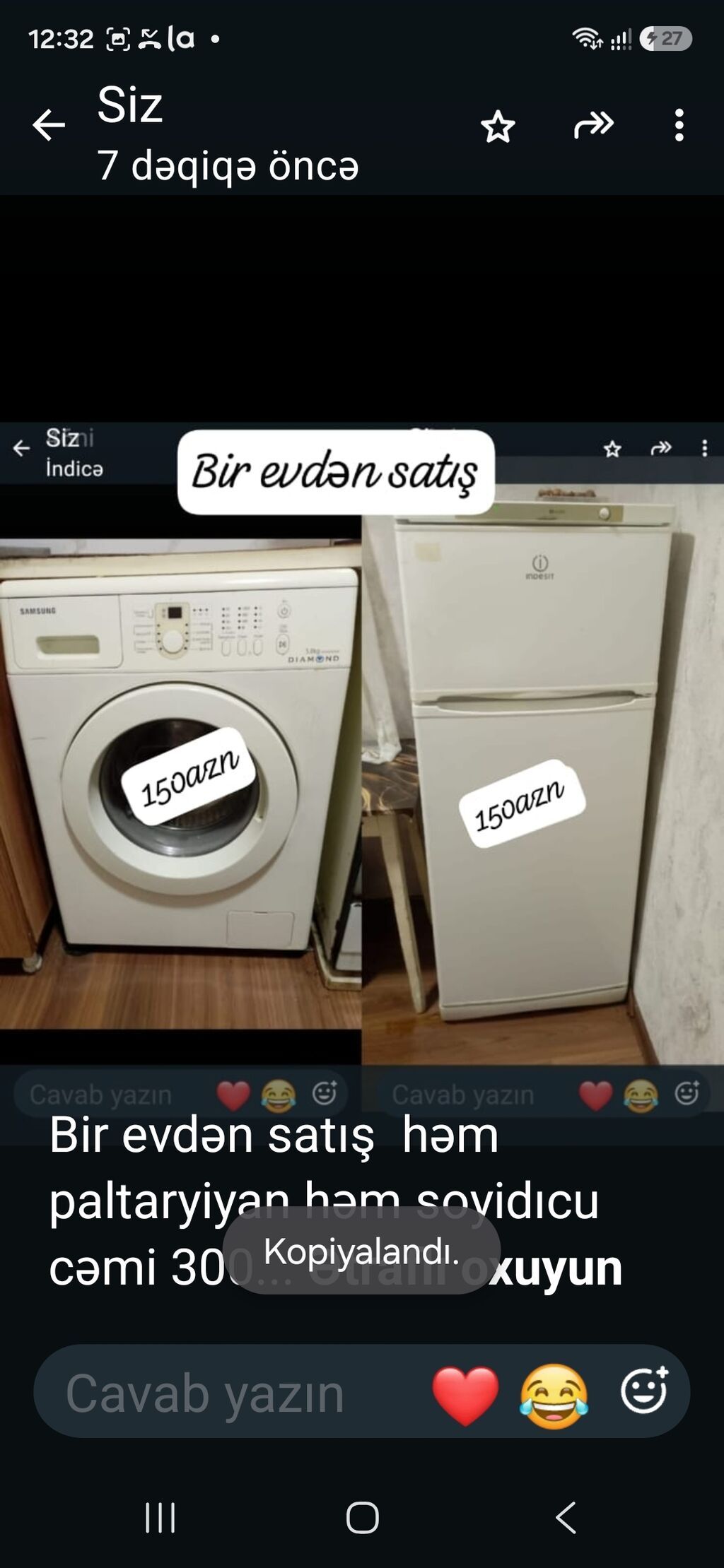 Bir evdən satış həm paltaryiyan həm soyidıcu cəmi 300 azn tam — Soyuducular, Bakı