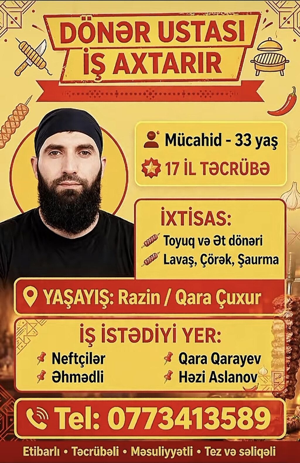 Dönərçi, Kişi, 33 yaş, 5 ildən artıq təcrübə — Restoranlar, turizm, Bakı