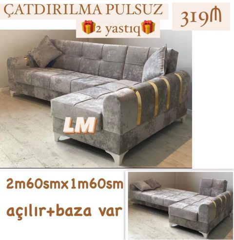 Künc divan – açılır və bazalı model - Ölçü: 2 m 60 sm x 1 m 60 sm — Bakı