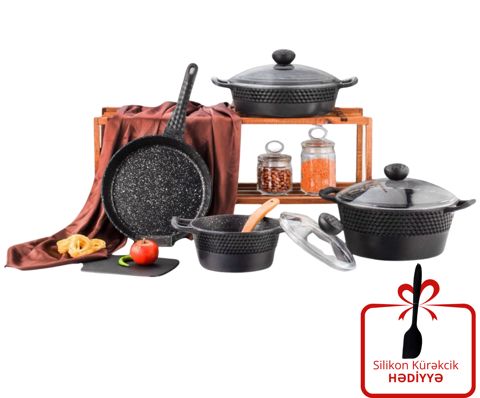 Qab-qacaq dəsti Ozlife Ayra, qranit, qara, 20/24/26/28 sm, 7 parça + kürəkcik hədiyyə — Bakı