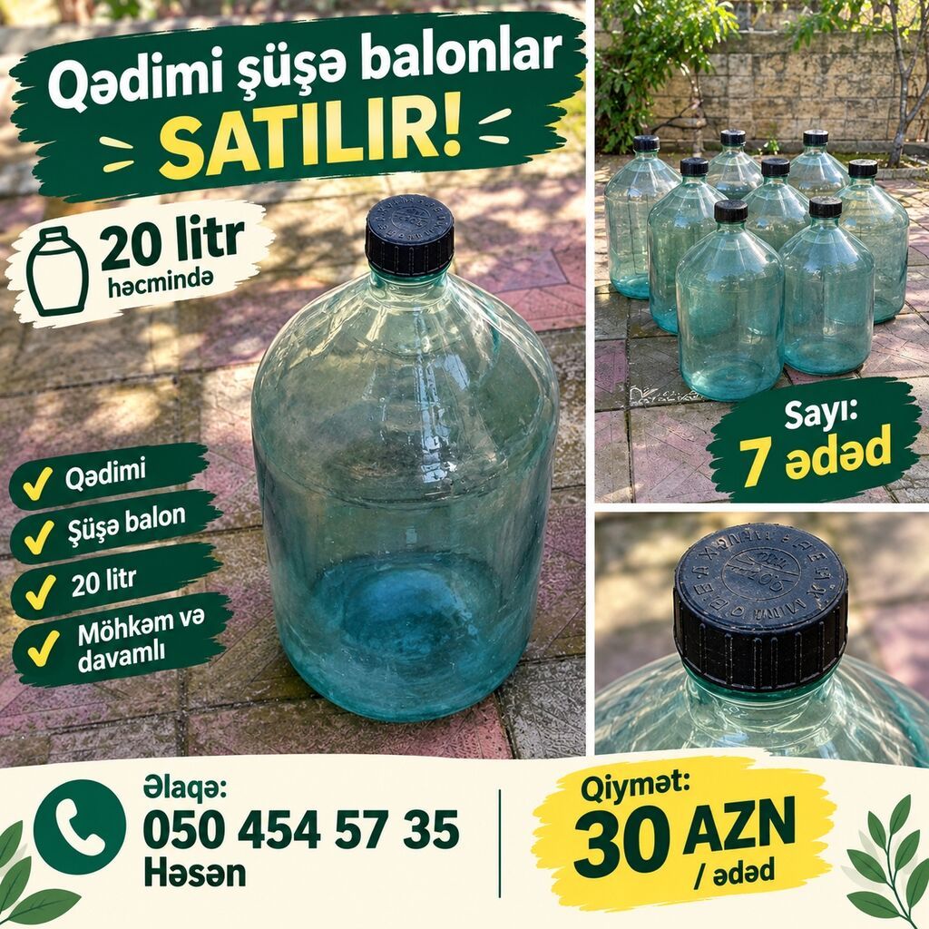 Qədimi şüşə balonlar - Həcmi: 20 litr - Material: qalın, möhkəm və — Konservasiya malları, Digah