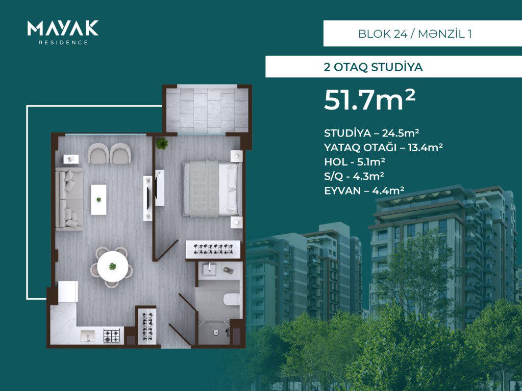 Satılır 2 otaqlı yeni tikili 51.7 m² — Mənzil, Bakı (2)