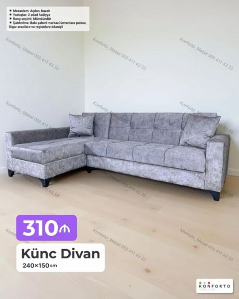 Künc Divan – 240×150 sm - Model: L‑şəkilli künc divan - Mexanizm — Bakı