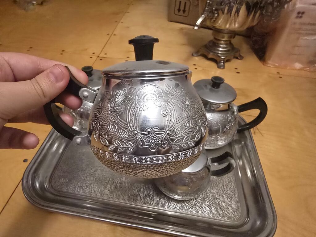 Çay dəsti, rəng - Gümüşü, Metal — Süfrə qabı, Gəncə (7)