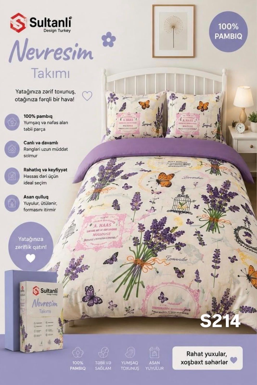 Yataq dəsti Sultanlı S214, ikinəfərlik, pambıq, yorğan üzü 200x220 sm, mələfə 240x260 sm, yastıq üzü 50x70 sm 2 ədəd — Mallar, Bakı