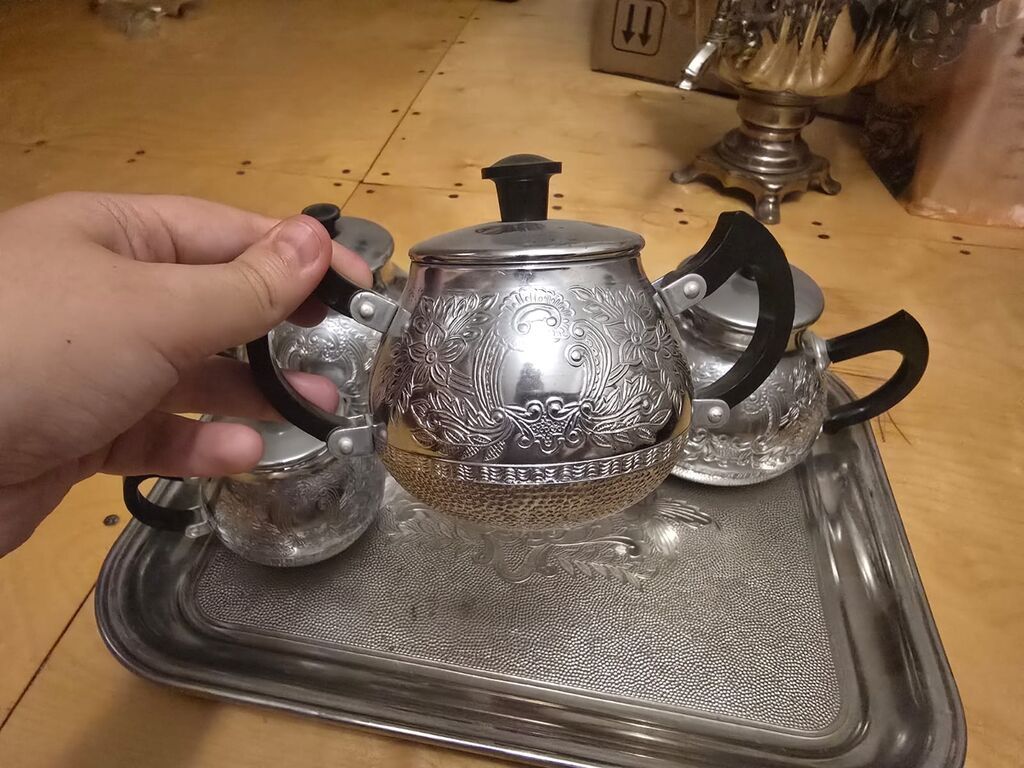 Çay dəsti, rəng - Gümüşü, Metal — Süfrə qabı, Gəncə (5)