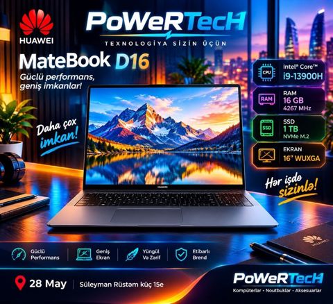Huawei MateBook D16 noutbuk - Prosessor: Intel Core i9-13900H - RAM — Bakı