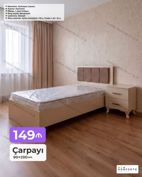 Çarpayı – 90×200 sm - Mexanizm: açılmayan, bazasız - Sıyırma: yox — Bakı