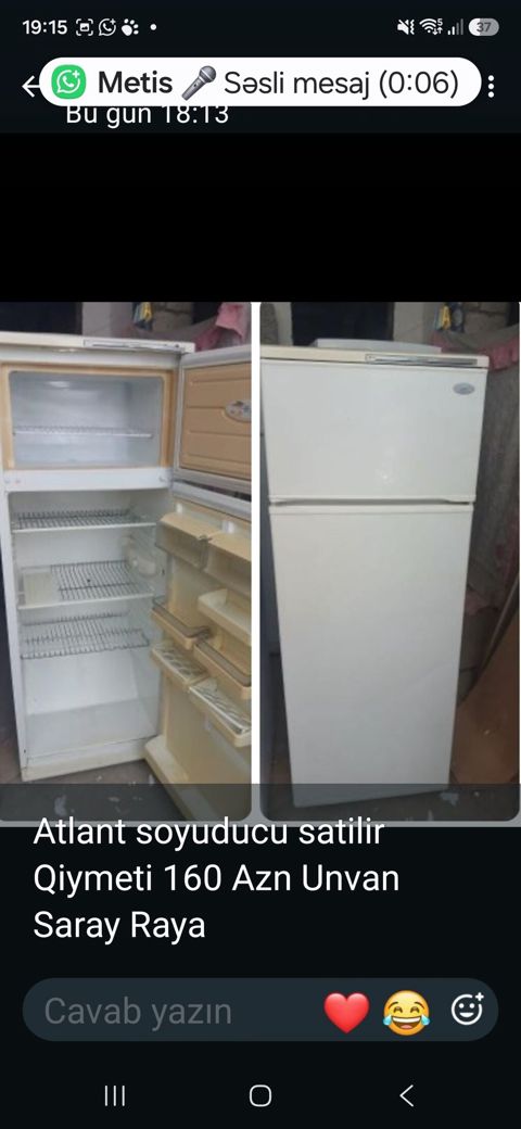 Atlant markalı ikiqat qapılı soyuducu. Üst kamera dondurucu, alt hissə — Sumqayıt