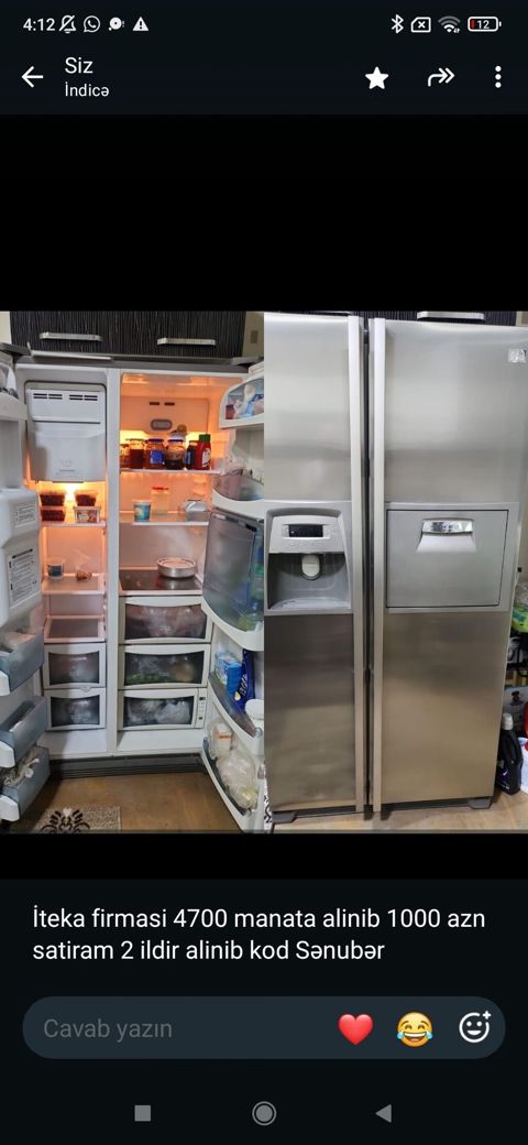 Side-by-side tipli soyuducu - Rəng: gümüş (inox) - İki qapılı geniş — Gəncə