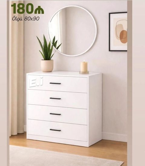 Ağ rəngli 4 çekmeceli komod - Ölçü: 80x90 - Minimalist dizayn, mat ağ — Mehdiabad