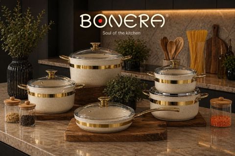Qazan və tava dəsti Bonera, qapaqlı, qranit, 10 əd, krem — Bakı
