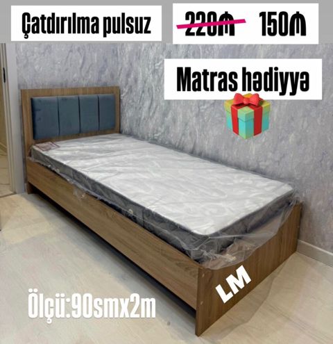 Tək nəfərlik çarpayı – ölçü: 90 sm x 2 m. Taxta karkaslı, başlıq — Dolab Taxt Çarpayı Mebel Fabriki ✨Əfsanə.x — Çarpayılar